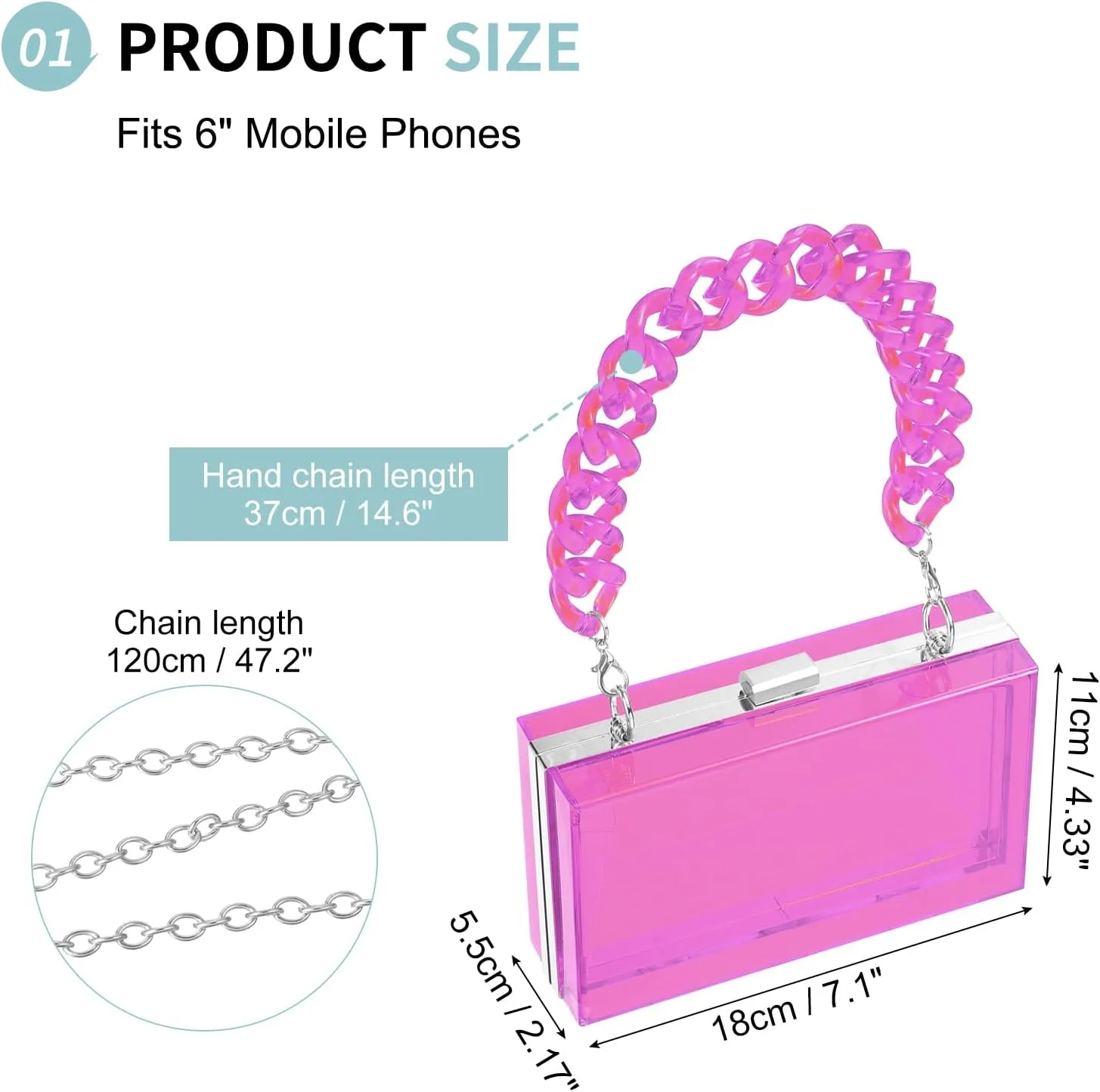 Acrylic Clear Evening Clutch Bag for Women, Shoulder Handbags Neon Hard Frame with Chains Party Purse for Wedding Prom Party (Purple, Silver)