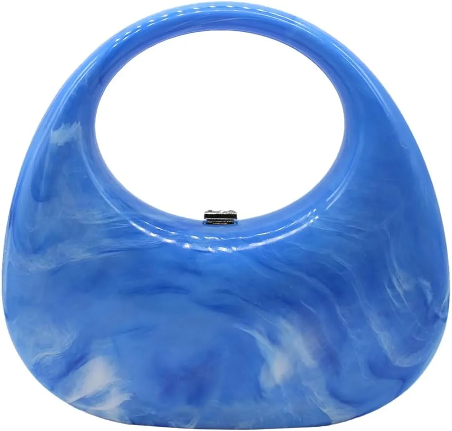 Acrylic Evening Clutch Purse Top-handle Moon Hobo Bag, Elegant Marble Handbag for Wedding Cocktail Party