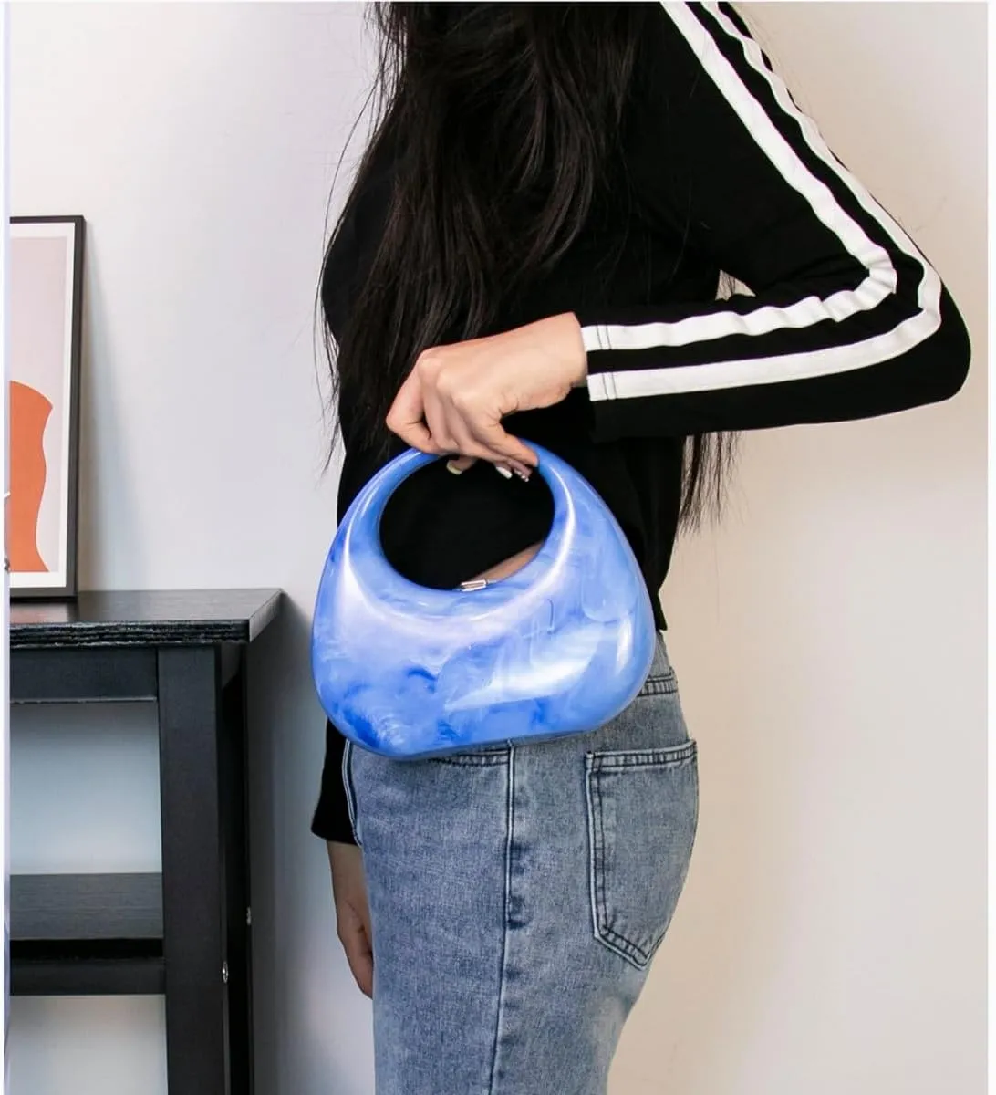 Acrylic Evening Clutch Purse Top-handle Moon Hobo Bag, Elegant Marble Handbag for Wedding Cocktail Party