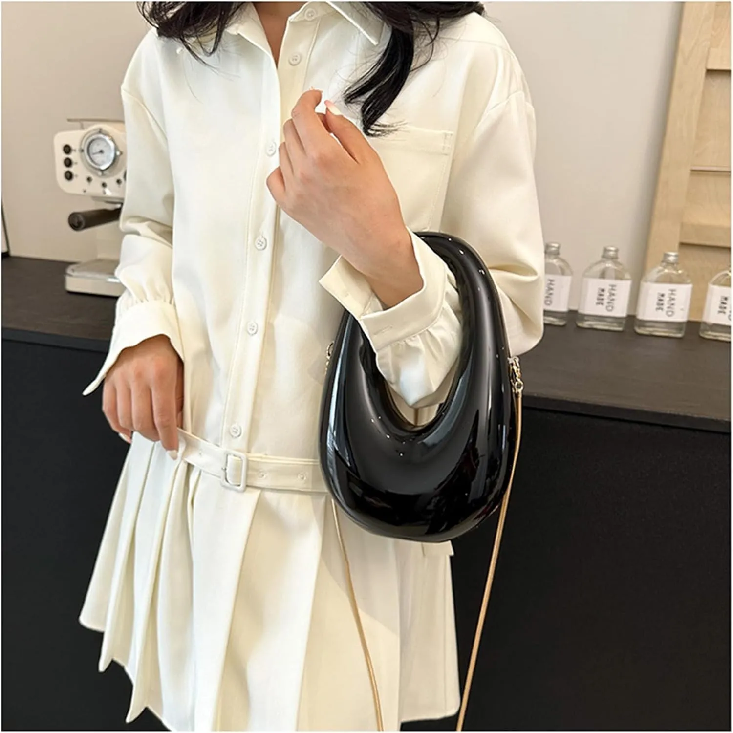 Acrylic Moon Shape Evening Clutch Purse For Women Metal Chains Unique Shoulder Bag Handbag For Wedding Party Prom (Black,Female,Adult)