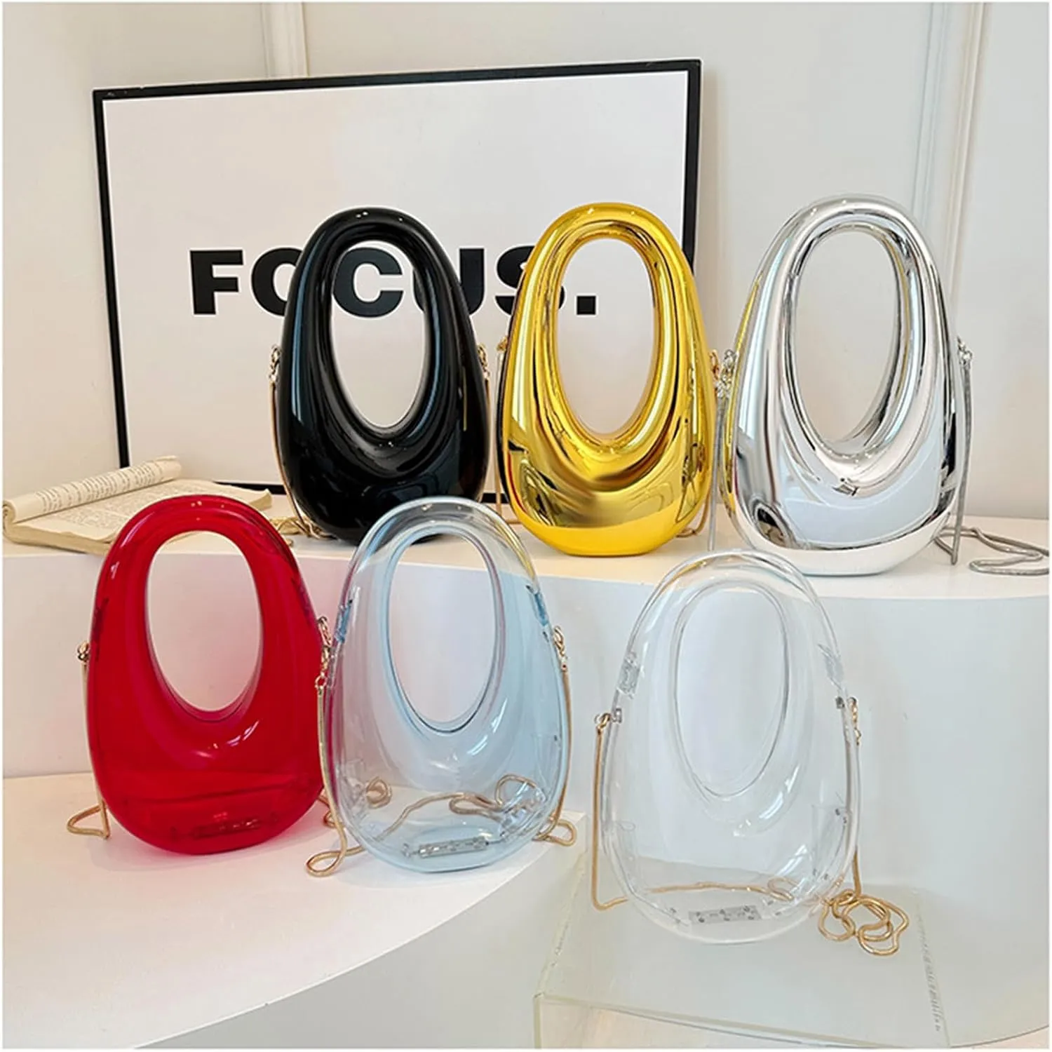 Acrylic Moon Shape Evening Clutch Purse For Women Metal Chains Unique Shoulder Bag Handbag For Wedding Party Prom (Black,Female,Adult)
