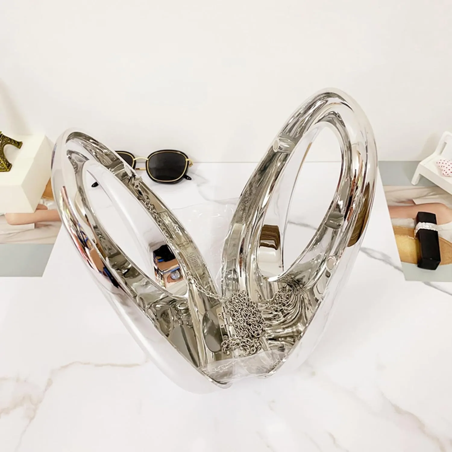 Acrylic Moon Shape Evening Clutch Purse For Women Metal Chains Unique Shoulder Bag Handbag For Wedding Party Prom (Black,Female,Adult)