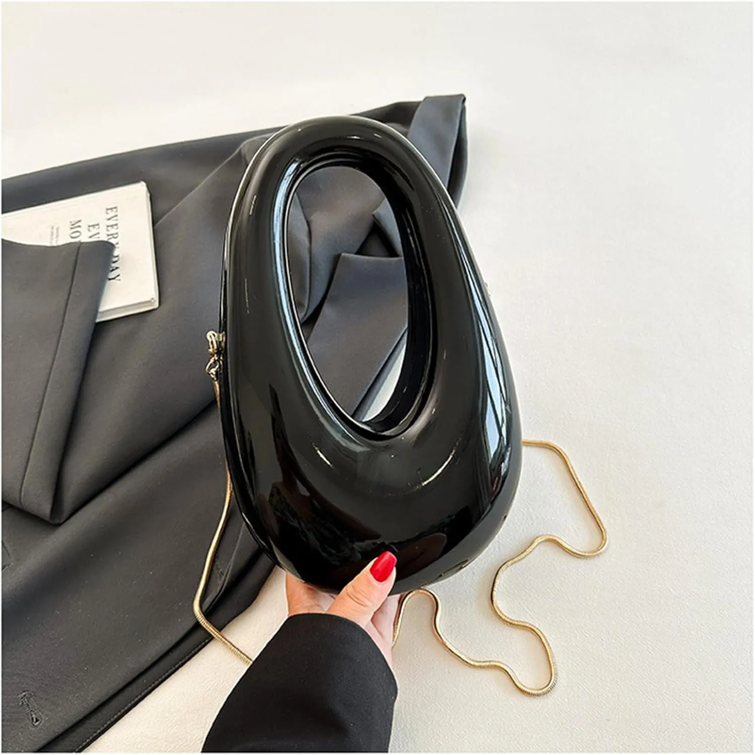 Acrylic Moon Shape Evening Clutch Purse For Women Metal Chains Unique Shoulder Bag Handbag For Wedding Party Prom (Black,Female,Adult)