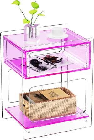 Acrylic Side Table for Living Room, Acrylic Nightstand for Bedroom, L-Series, 15.7'' x 11.8'' × 19.7'' inches (Pink)
