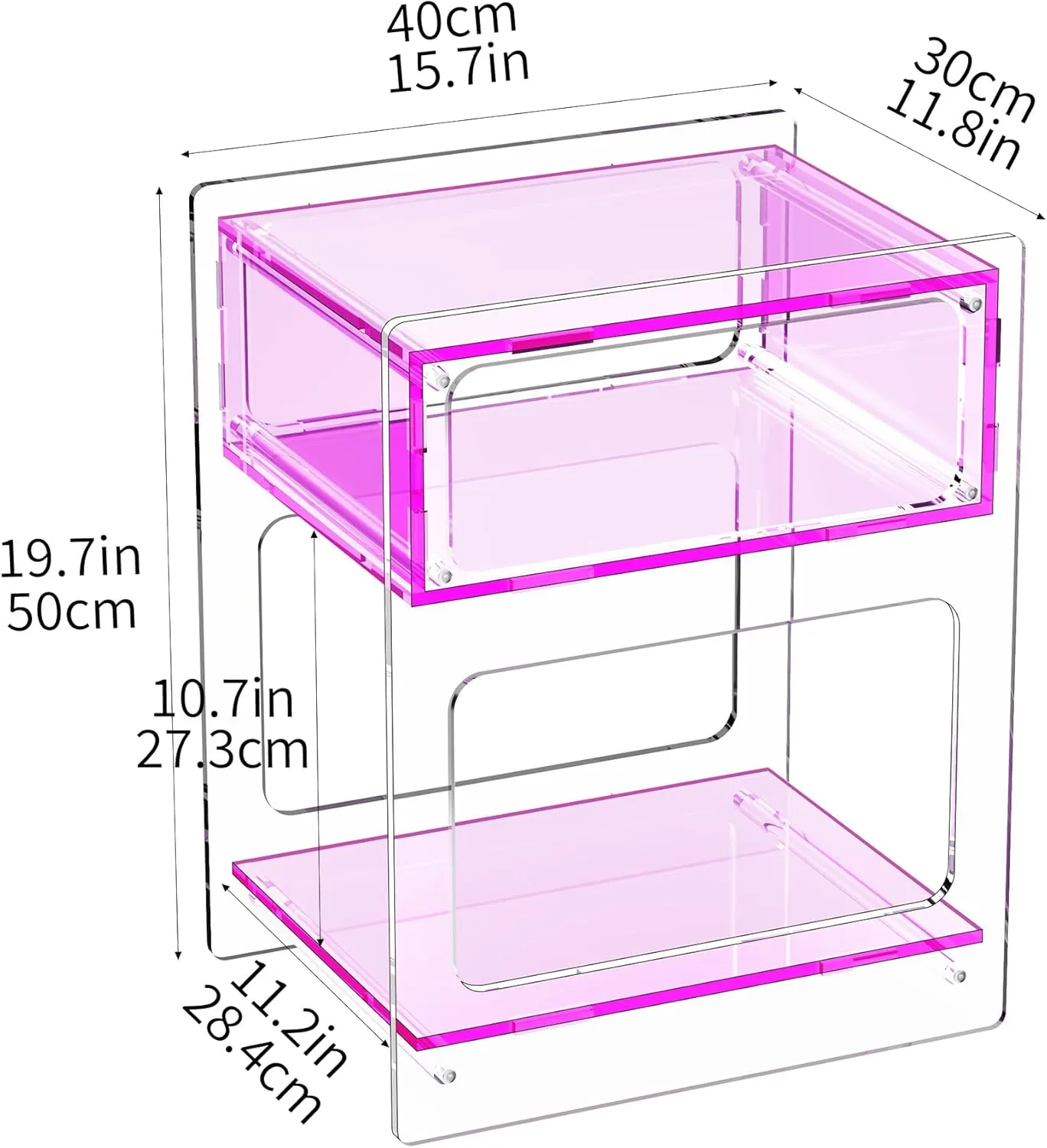Acrylic Side Table for Living Room, Acrylic Nightstand for Bedroom, L-Series, 15.7'' x 11.8'' × 19.7'' inches (Pink)