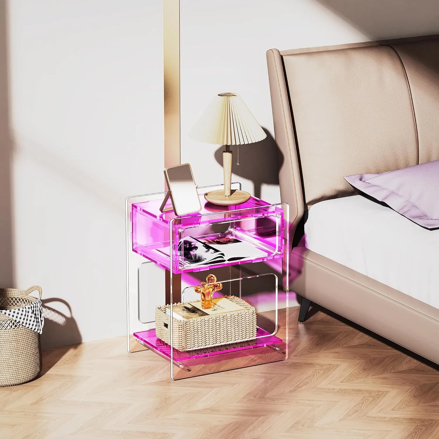 Acrylic Side Table for Living Room, Acrylic Nightstand for Bedroom, L-Series, 15.7'' x 11.8'' × 19.7'' inches (Pink)