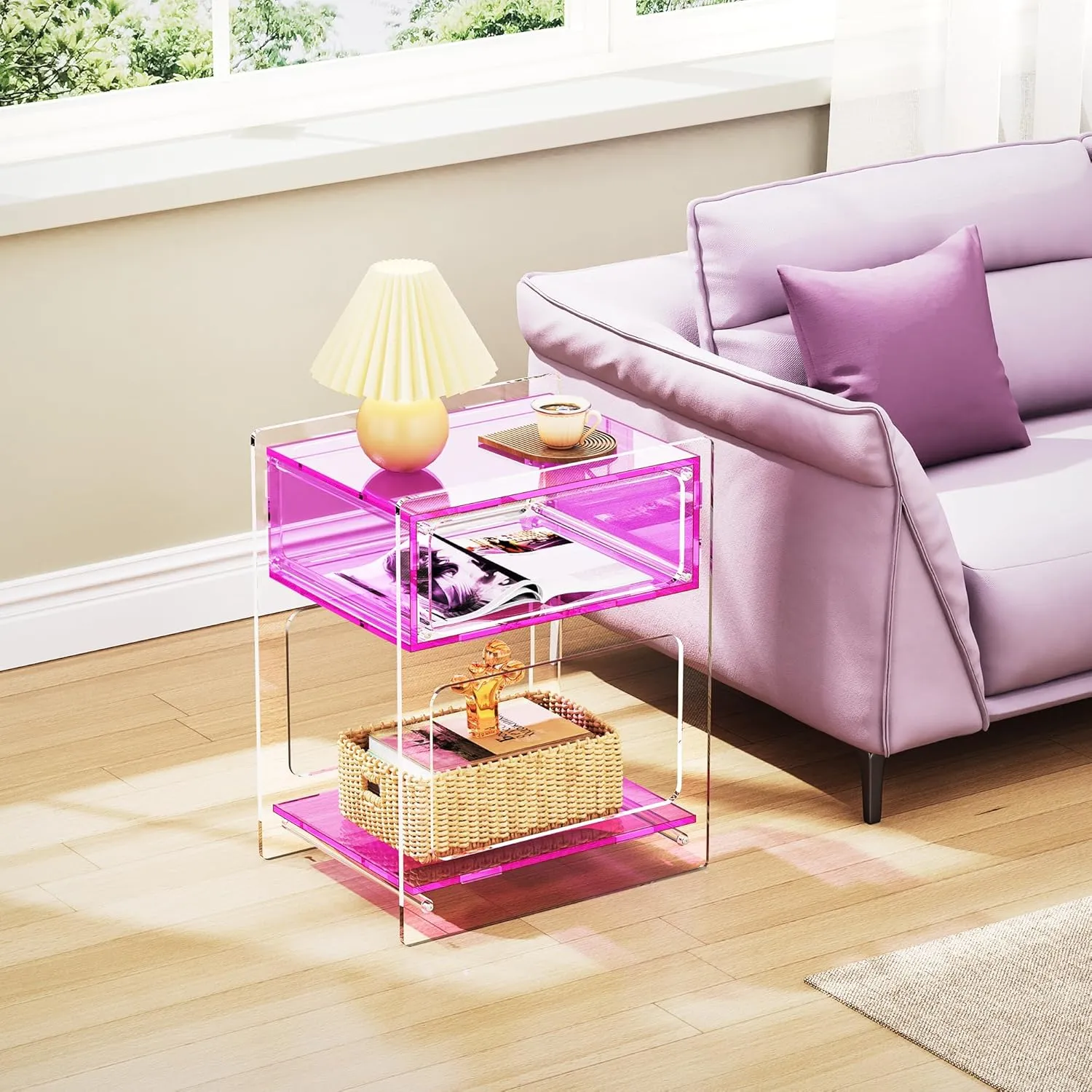 Acrylic Side Table for Living Room, Acrylic Nightstand for Bedroom, L-Series, 15.7'' x 11.8'' × 19.7'' inches (Pink)
