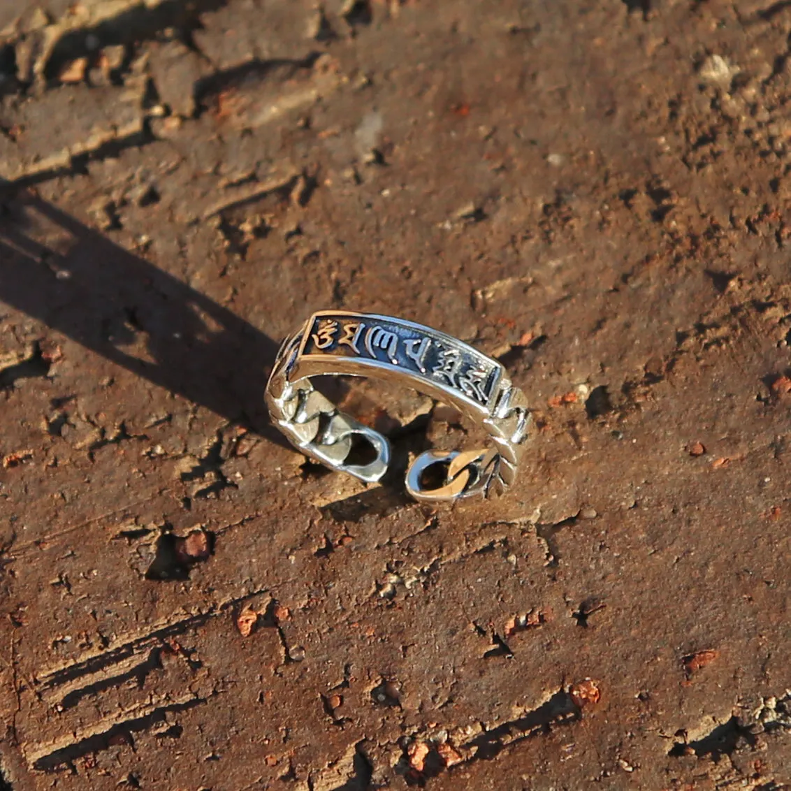Adjustable Chain-style Buddhism Prayer Symbol Sterling Silver Ring, Tibetan Buddhist Ring, Mens Ring, Meditation Om Ring, Chinese (S)