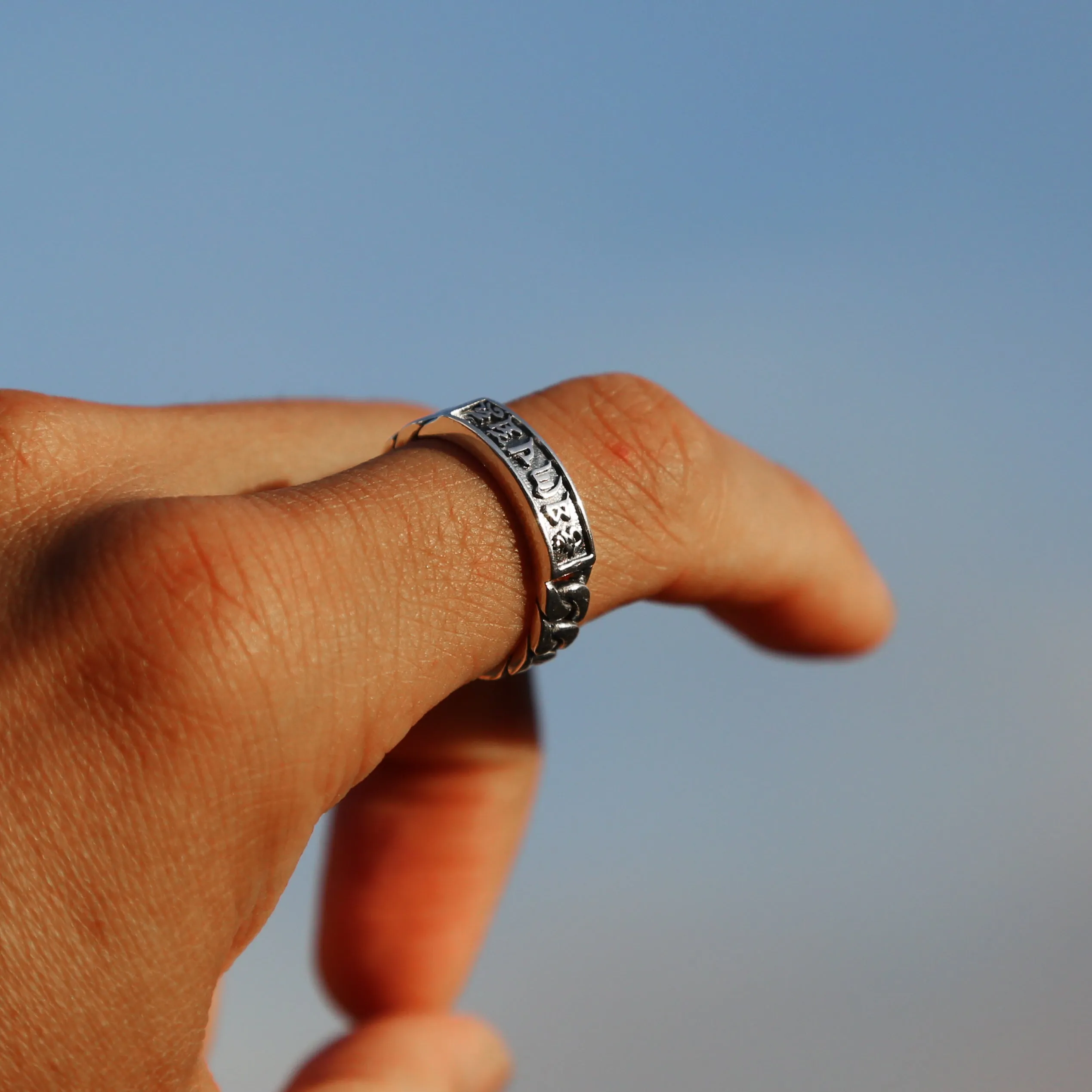 Adjustable Chain-style Buddhism Prayer Symbol Sterling Silver Ring, Tibetan Buddhist Ring, Mens Ring, Meditation Om Ring, Chinese (S)