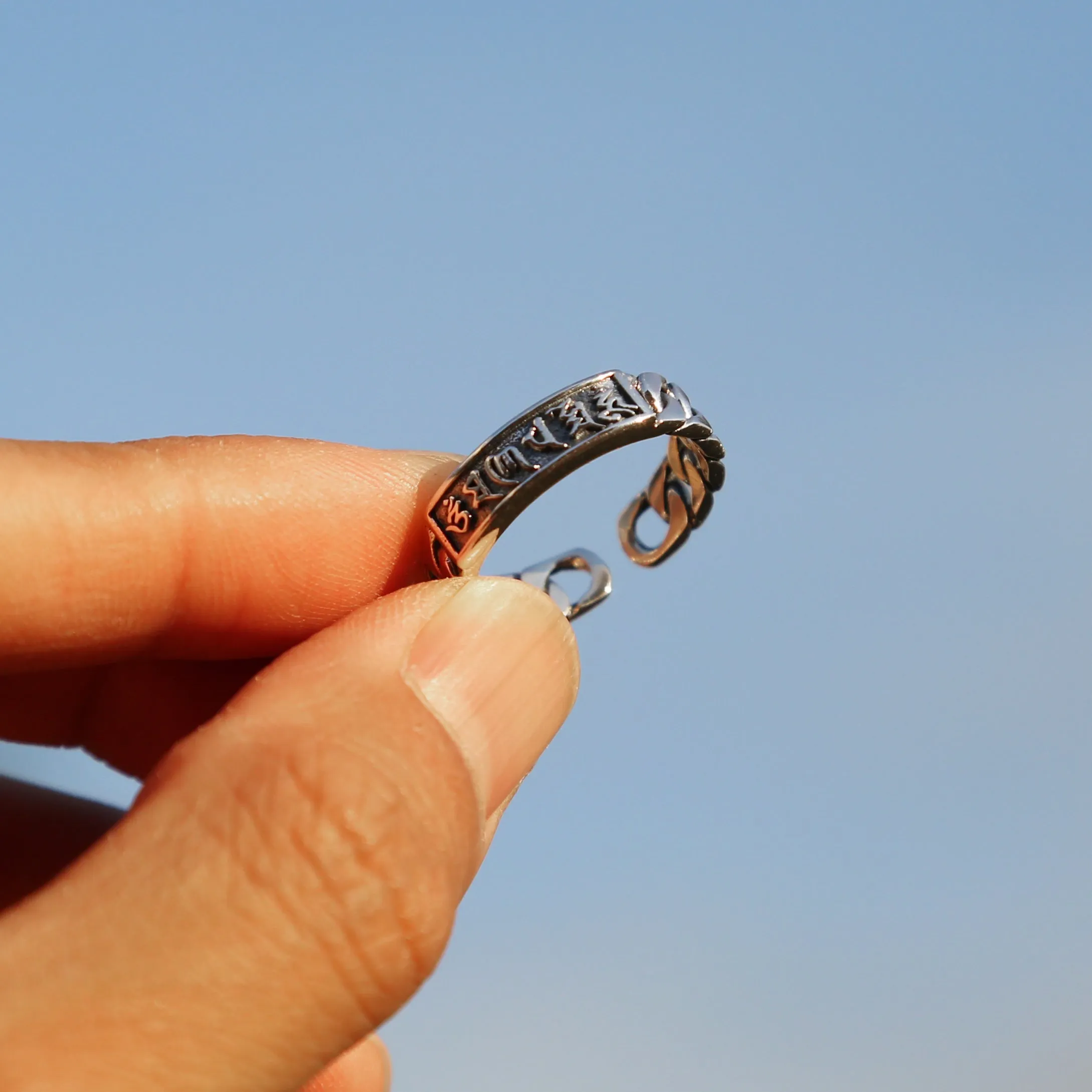 Adjustable Chain-style Buddhism Prayer Symbol Sterling Silver Ring, Tibetan Buddhist Ring, Mens Ring, Meditation Om Ring, Chinese (S)