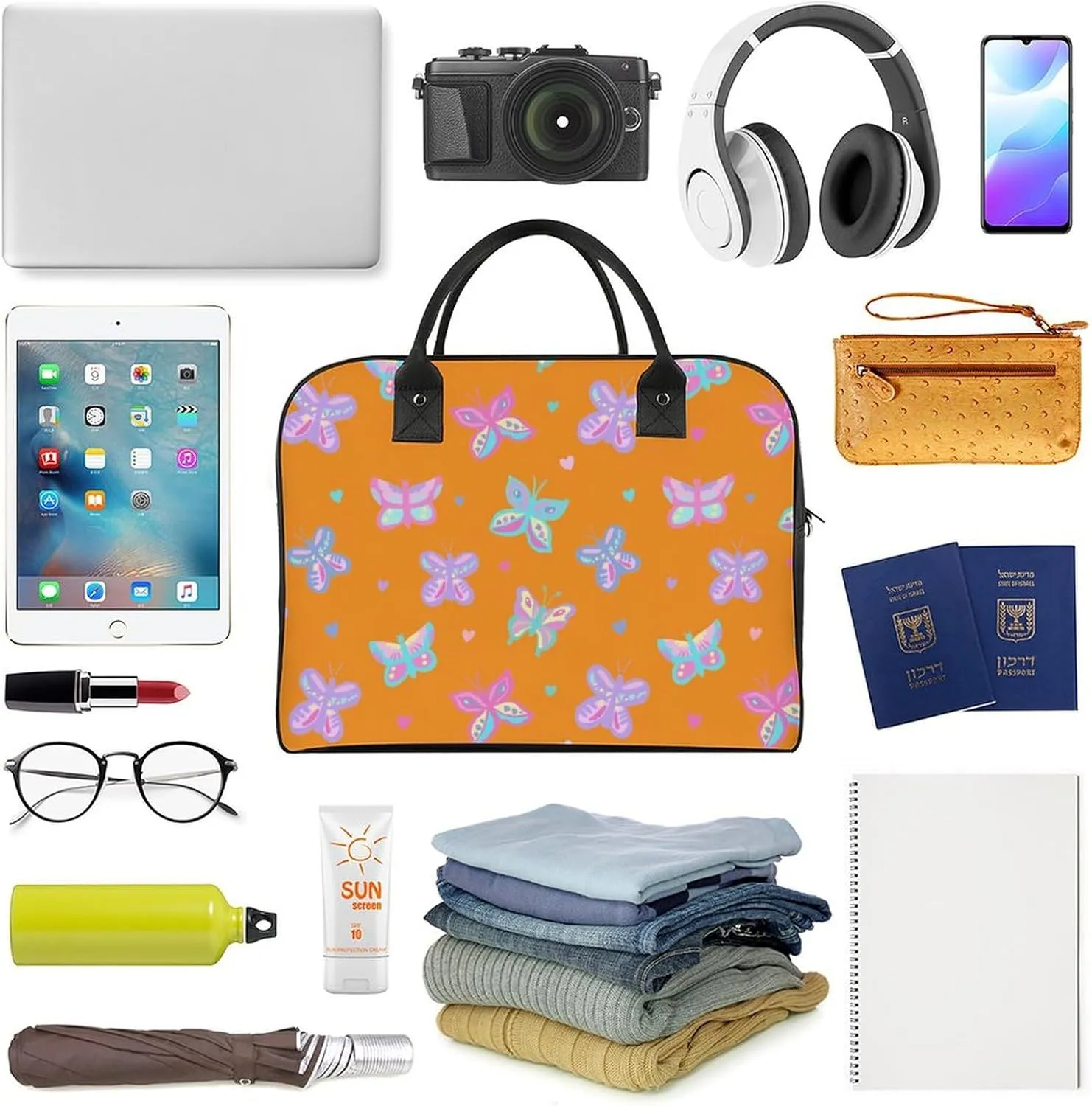 Adult High-capacity Nylon Colorful Butterfly Retro Handbag for Touring 13" X 19" X 8"