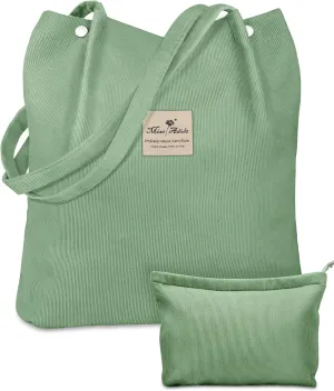 Aesthetic 2 Pack Corduroy Tote Bag - with Makeup Pouch Bag for Women Reusable Grocery Bag for Gym, Travel, Work