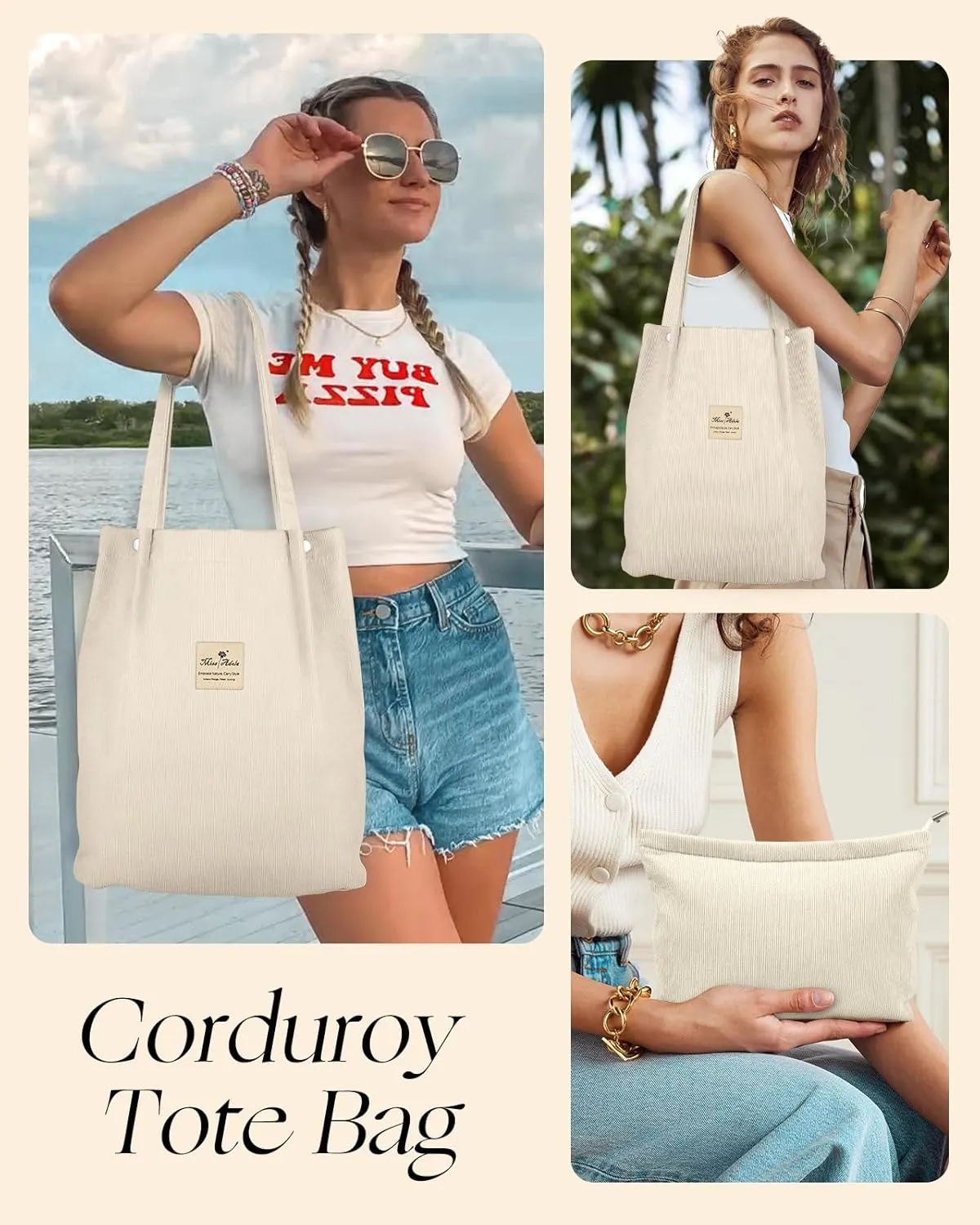 Aesthetic 2 Pack Corduroy Tote Bag - with Makeup Pouch Bag for Women Reusable Grocery Bag for Gym, Travel, Work