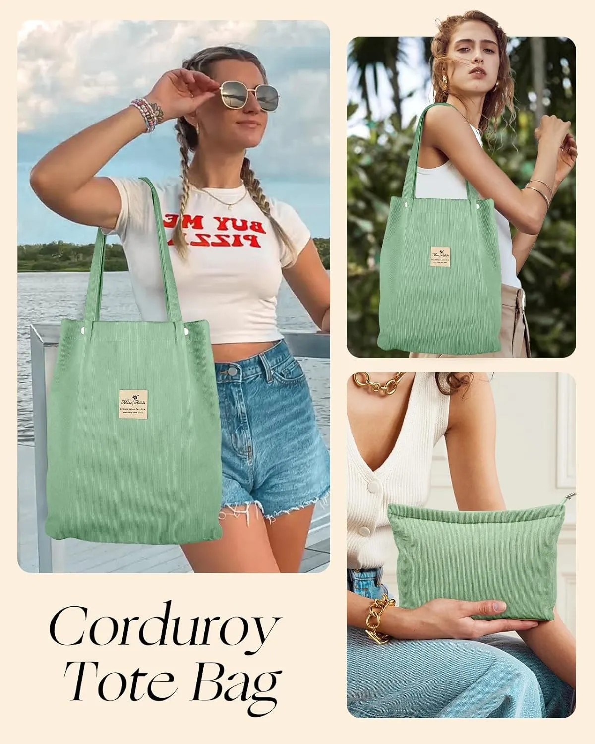 Aesthetic 2 Pack Corduroy Tote Bag - with Makeup Pouch Bag for Women Reusable Grocery Bag for Gym, Travel, Work