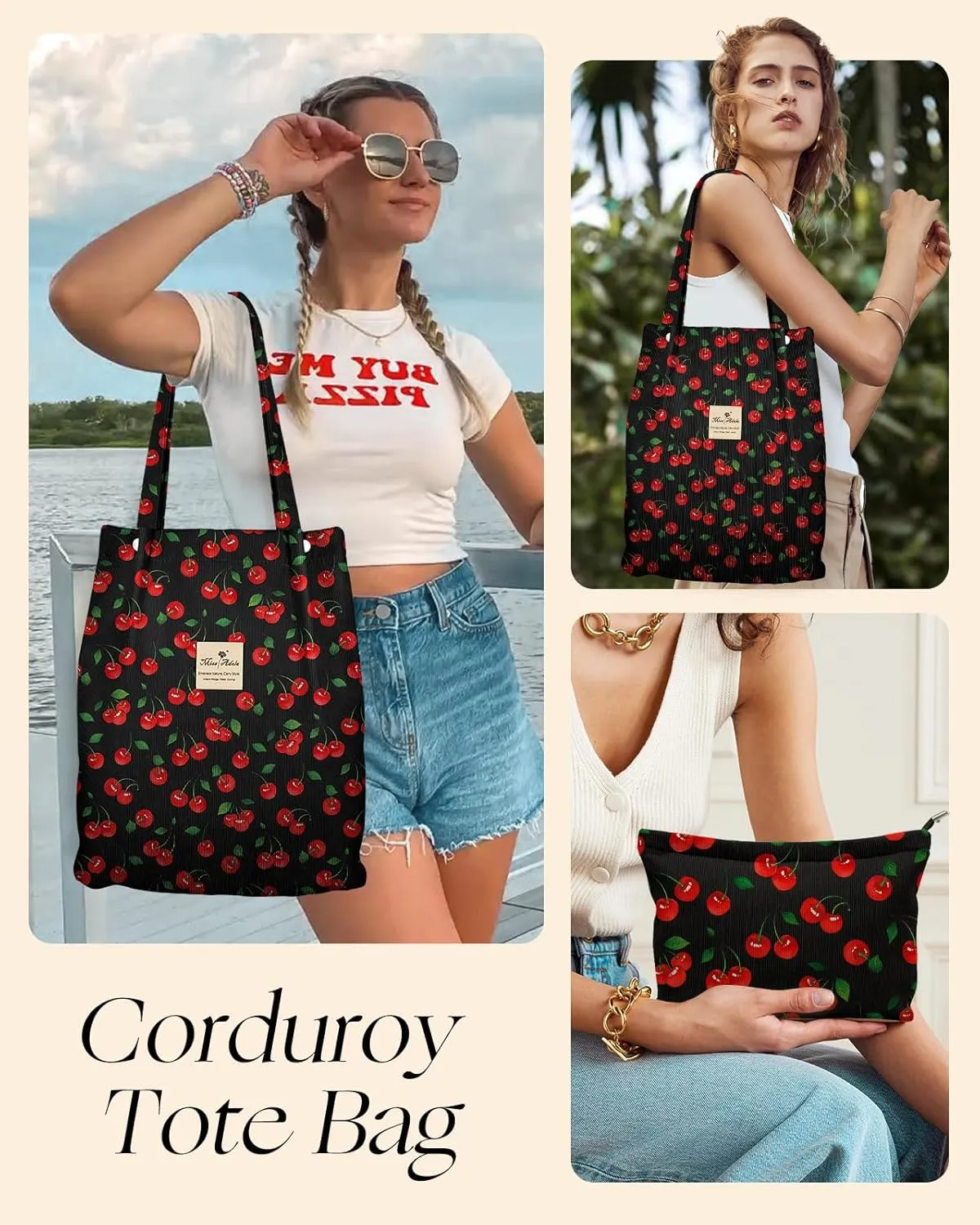 Aesthetic 2 Pack Corduroy Tote Bag - with Makeup Pouch Bag for Women Reusable Grocery Bag for Gym, Travel, Work