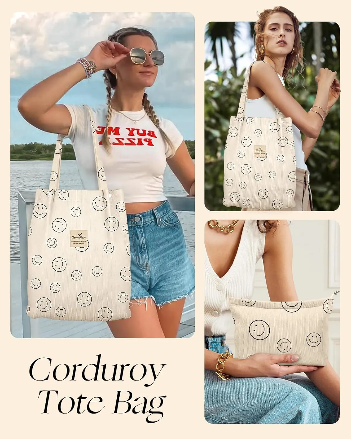 Aesthetic 2 Pack Corduroy Tote Bag - with Makeup Pouch Bag for Women Reusable Grocery Bag for Gym, Travel, Work