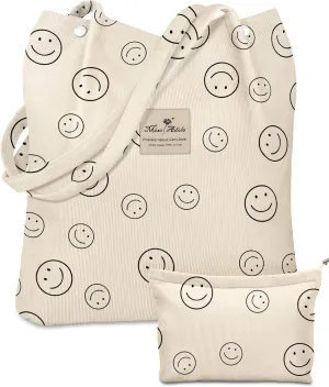 Aesthetic 2 Pack Corduroy Tote Bag - with Makeup Pouch Bag for Women Reusable Grocery Bag for Gym, Travel, Work