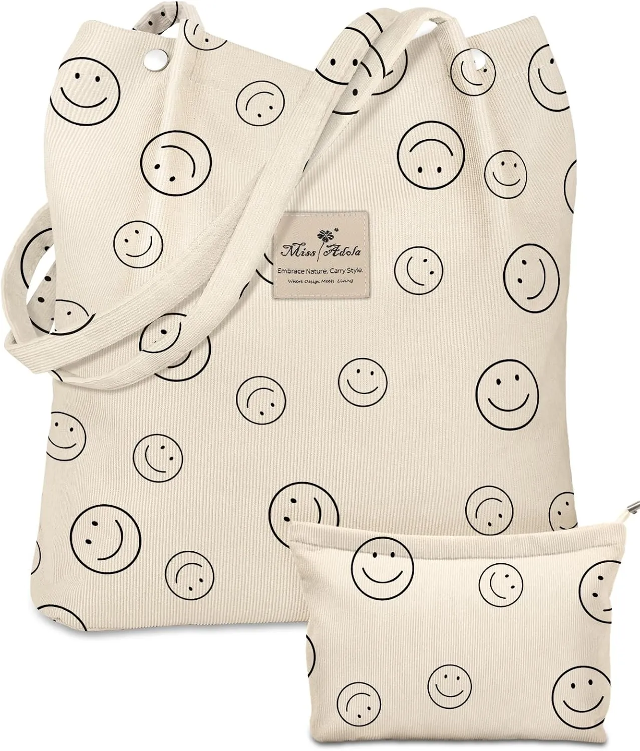 Aesthetic 2 Pack Corduroy Tote Bag - with Makeup Pouch Bag for Women Reusable Grocery Bag for Gym, Travel, Work