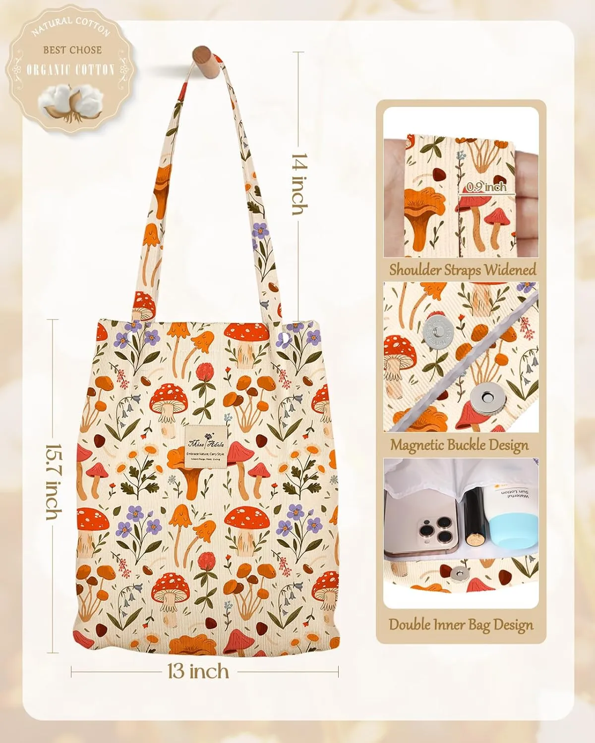 Aesthetic 2 Pack Corduroy Tote Bag - with Makeup Pouch Bag for Women Reusable Grocery Bag for Gym, Travel, Work