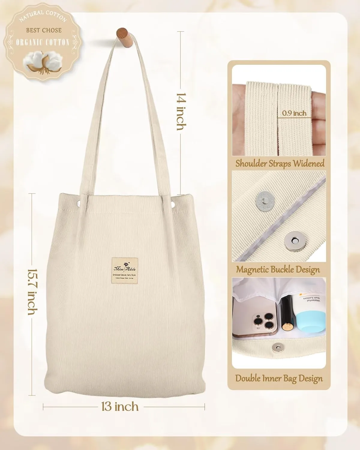Aesthetic 2 Pack Corduroy Tote Bag - with Makeup Pouch Bag for Women Reusable Grocery Bag for Gym, Travel, Work