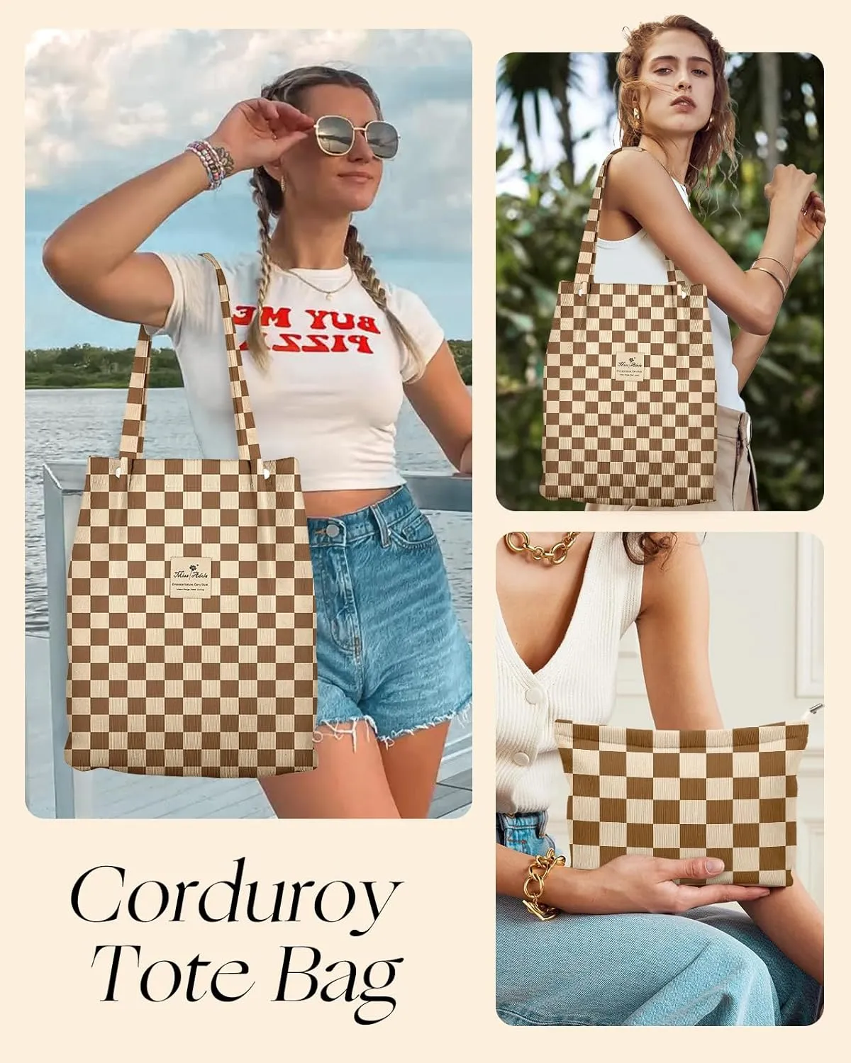 Aesthetic 2 Pack Corduroy Tote Bag - with Makeup Pouch Bag for Women Reusable Grocery Bag for Gym, Travel, Work