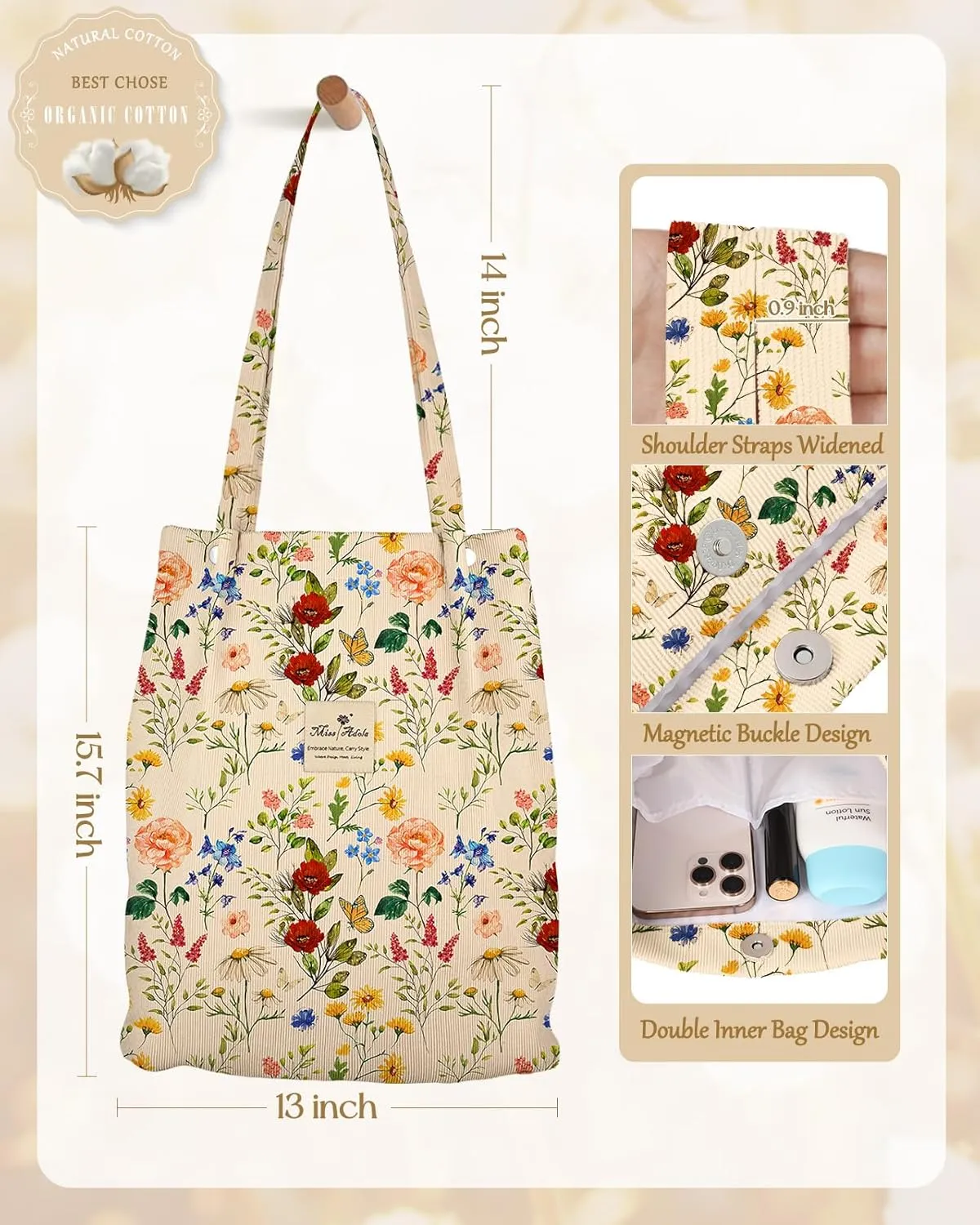 Aesthetic 2 Pack Corduroy Tote Bag - with Makeup Pouch Bag for Women Reusable Grocery Bag for Gym, Travel, Work