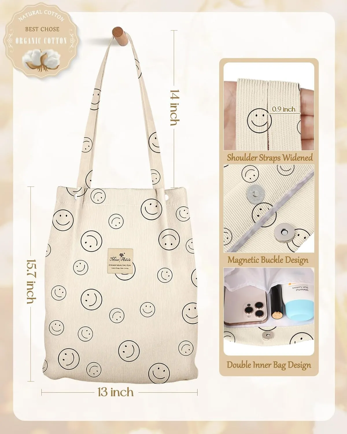 Aesthetic 2 Pack Corduroy Tote Bag - with Makeup Pouch Bag for Women Reusable Grocery Bag for Gym, Travel, Work