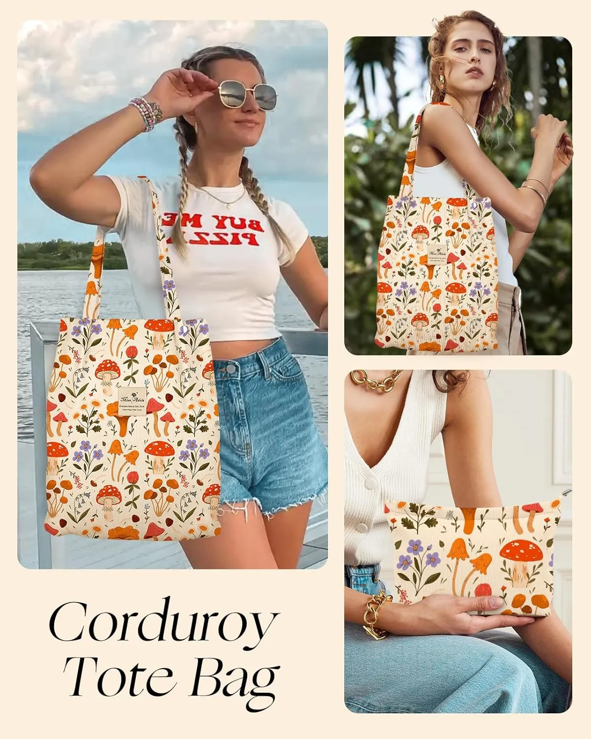 Aesthetic 2 Pack Corduroy Tote Bag - with Makeup Pouch Bag for Women Reusable Grocery Bag for Gym, Travel, Work
