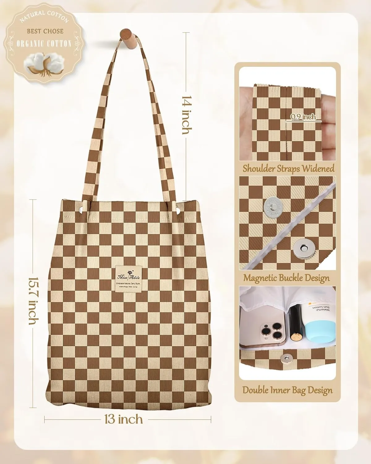 Aesthetic 2 Pack Corduroy Tote Bag - with Makeup Pouch Bag for Women Reusable Grocery Bag for Gym, Travel, Work