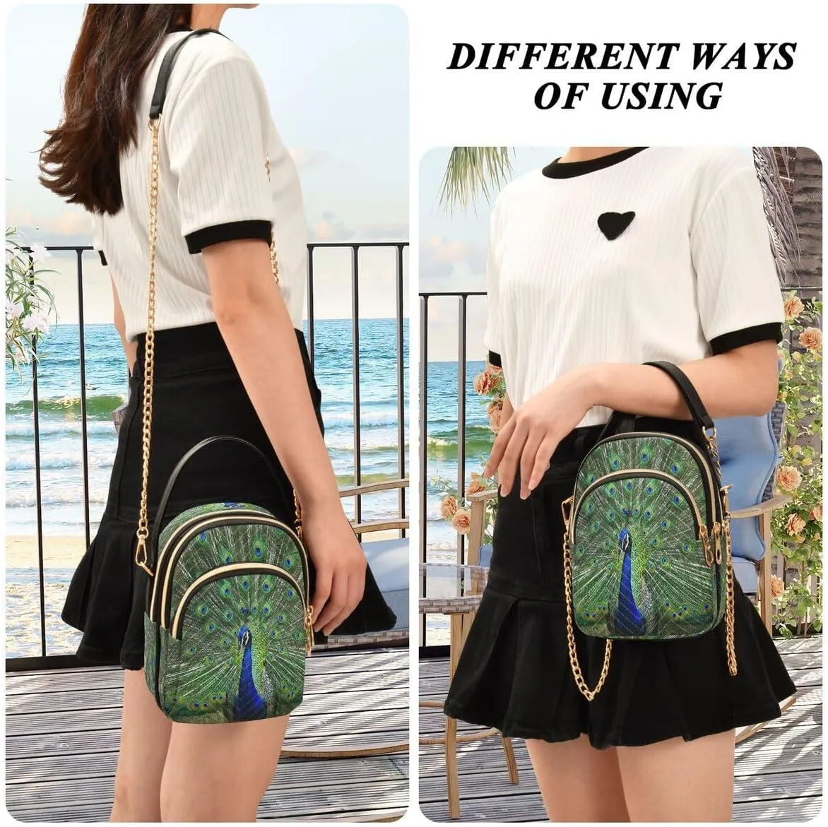 ALAZA Color Peacock Feather Bird Crossbody Bag Small Shoulder Handbags Leather Purse for Women
