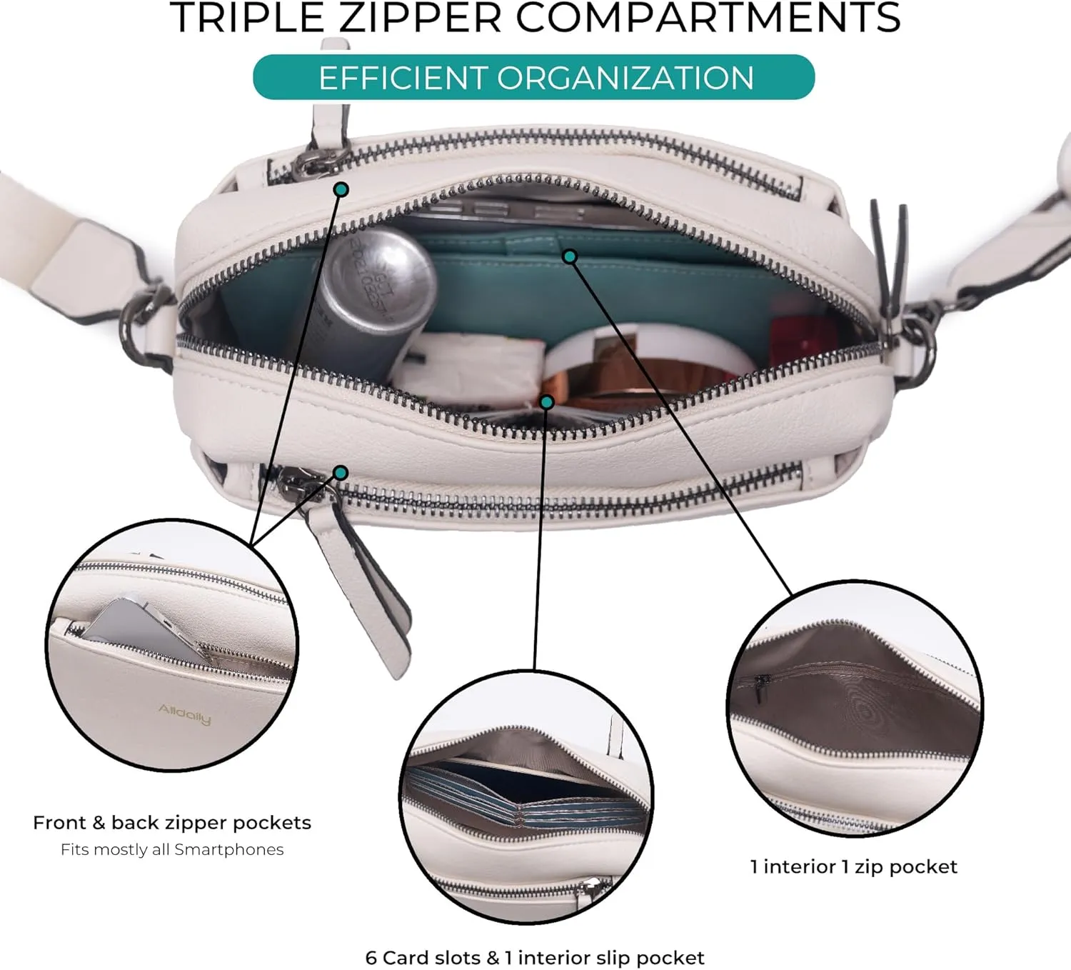 Alldaily Small Triple Zip Crossbody Purse for Women, Vegan Leather Phone Bag with Wide Shoulder Strap