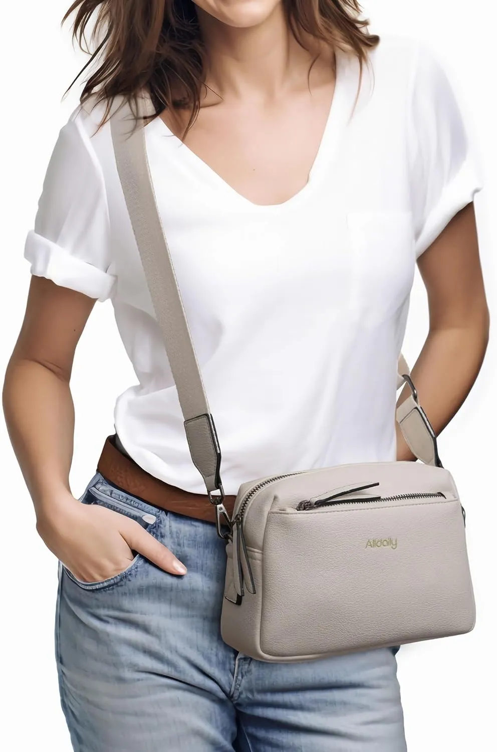 Alldaily Small Triple Zip Crossbody Purse for Women, Vegan Leather Phone Bag with Wide Shoulder Strap