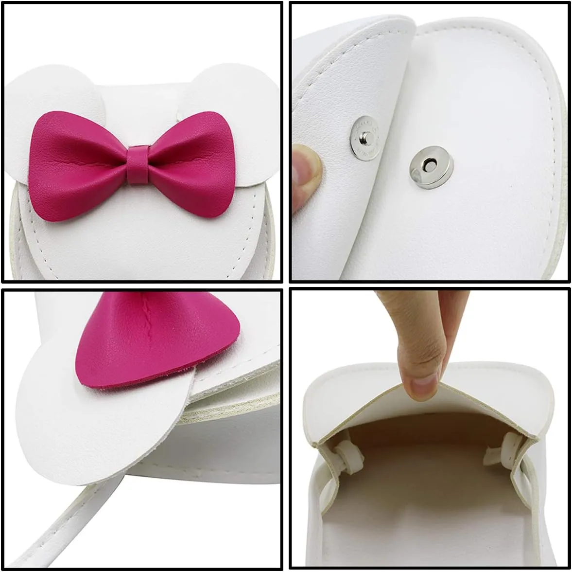 AMPOSSTO Cute Mouse Ears Crossbody Purse for Little Girls Large Bow Shoulder Bag Handbag White Small
