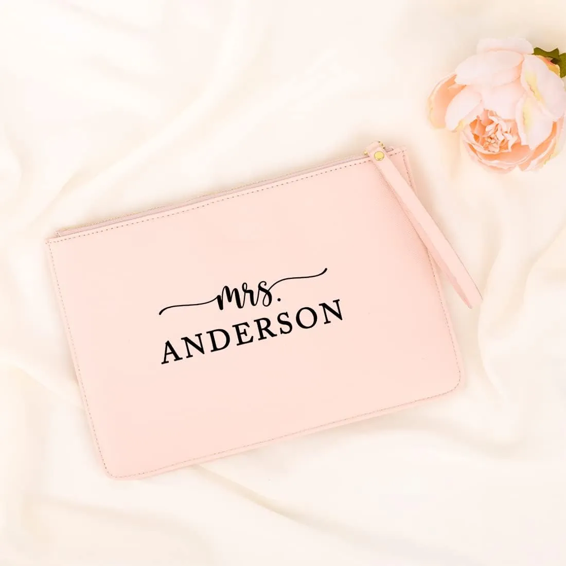 Andaz Press Personalized Vegan Leather Wristlet Clutch Purse Pouch Bag for Bride, Custom Mrs., Cosmetic Bag for Bride to Be Wedding Day, Bachelorette, Bridal Shower, Engagement Gift, Honeymoon, 1-Pack