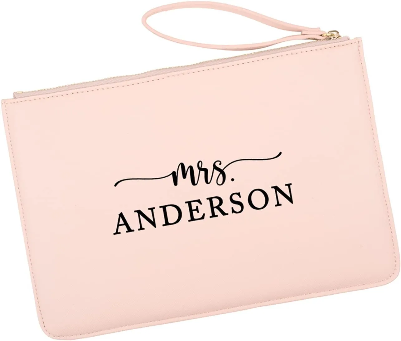 Andaz Press Personalized Vegan Leather Wristlet Clutch Purse Pouch Bag for Bride, Custom Mrs., Cosmetic Bag for Bride to Be Wedding Day, Bachelorette, Bridal Shower, Engagement Gift, Honeymoon, 1-Pack