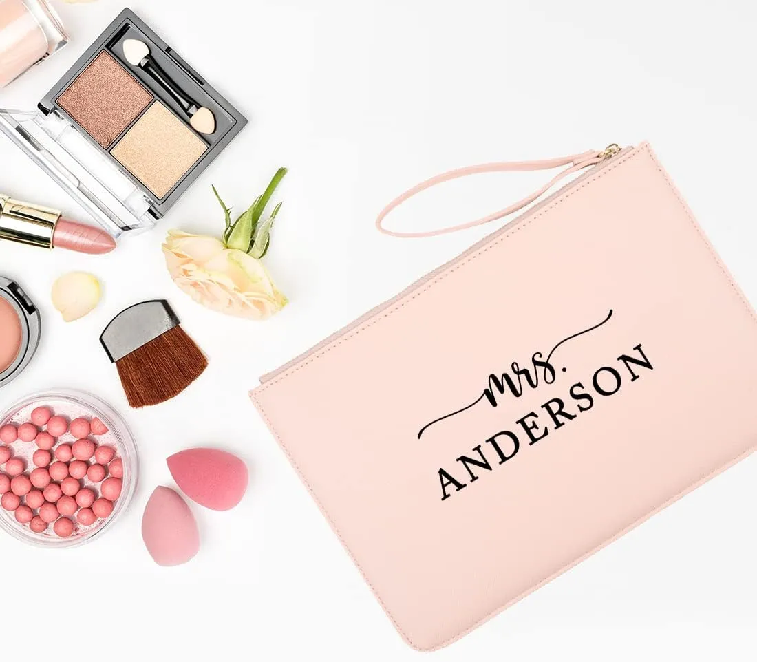 Andaz Press Personalized Vegan Leather Wristlet Clutch Purse Pouch Bag for Bride, Custom Mrs., Cosmetic Bag for Bride to Be Wedding Day, Bachelorette, Bridal Shower, Engagement Gift, Honeymoon, 1-Pack