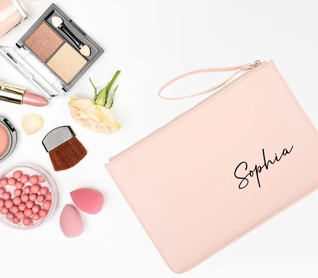 Andaz Press Personalized Vegan Leather Wristlet Clutch Purse Pouch Bag for Women, Bridesmaid Proposal Gifts Minimal Custom Name Cosmetic Bag for Wedding Bachelorette Bridal Shower Bridal Party, 1-Pack