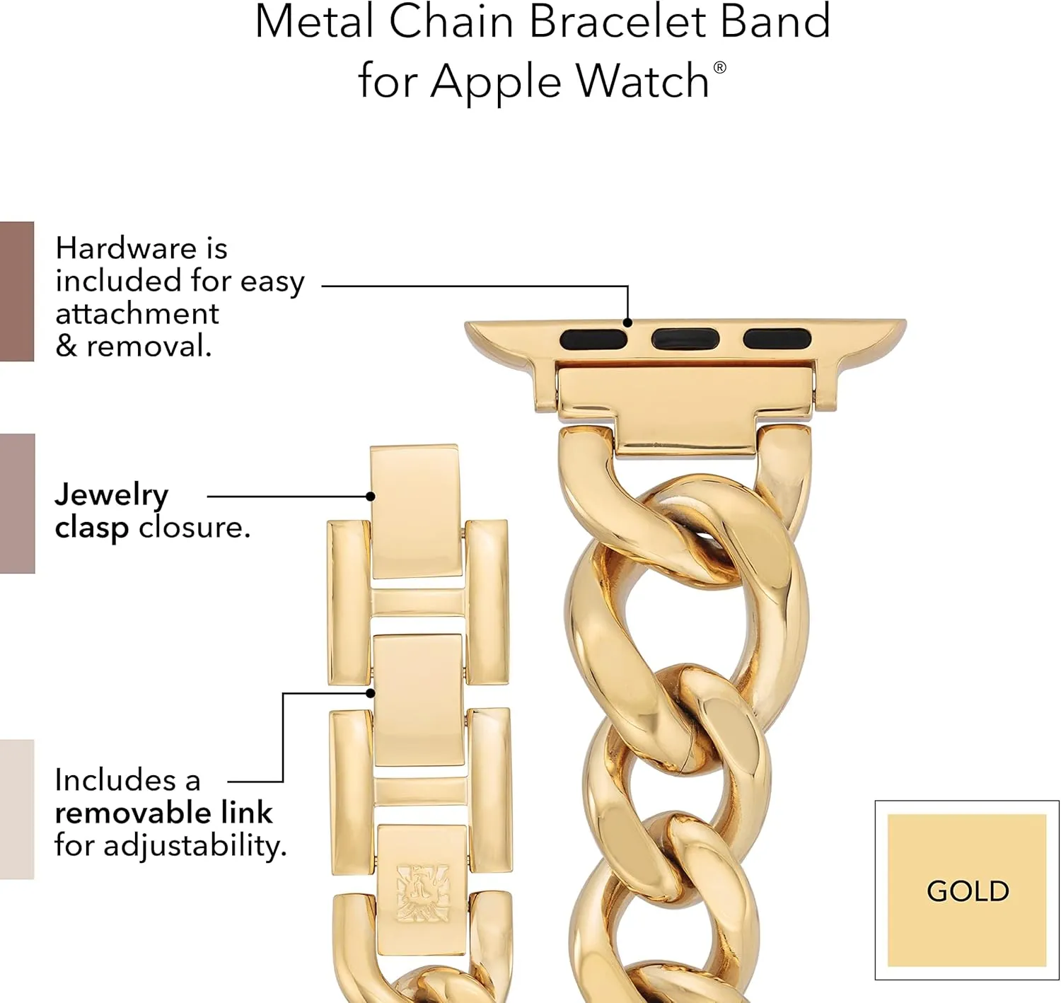 Anne Klein Fashion Chain Bracelet for Apple Watch, Secure, Adjustable, Apple Watch Replacement Band, Fits Most Wrists