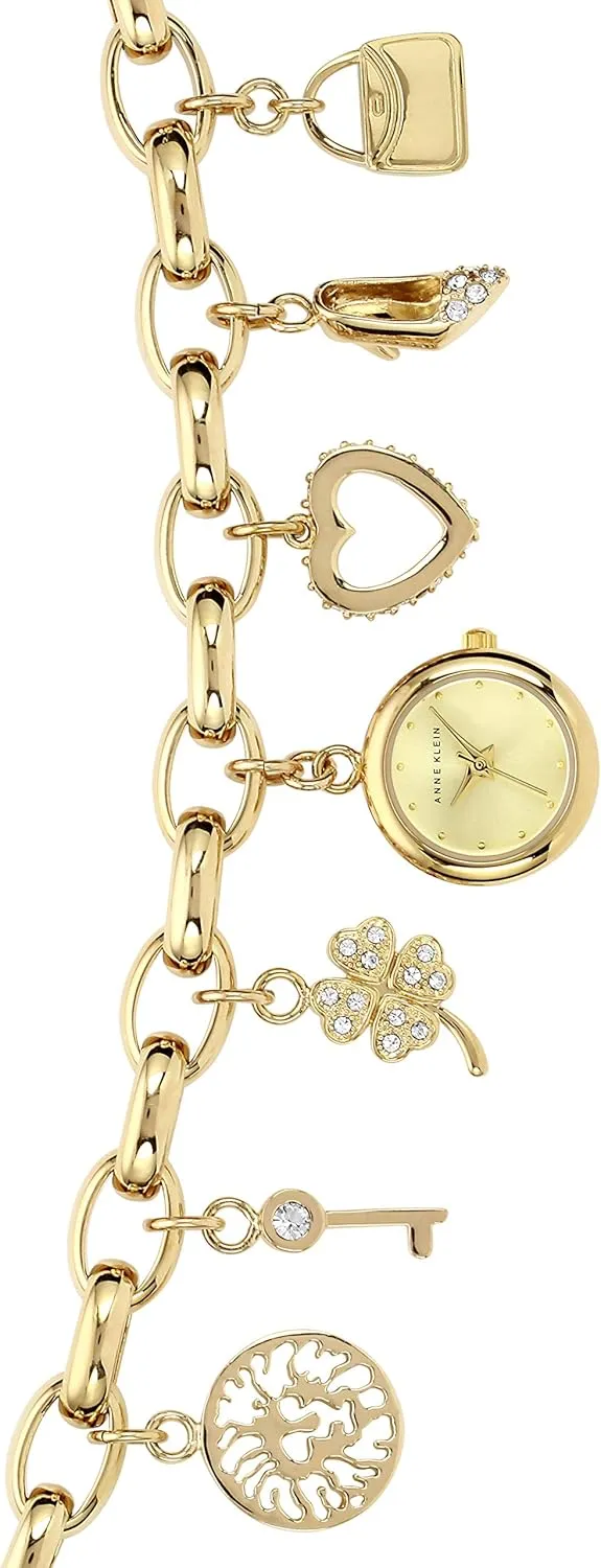 Anne Klein Women's Premium Crystal Accented Gold-Tone Charm Bracelet Watch, 10/7604CHRM