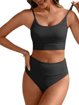 ANRABESS Bikini Sets for Women 2 Piece High Waisted Tummy Control Color Block Summer Beach Swimsuit Ribbed Swim Bathing Suit