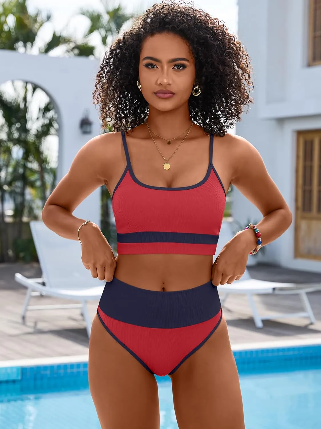 ANRABESS Bikini Sets for Women 2 Piece High Waisted Tummy Control Color Block Summer Beach Swimsuit Ribbed Swim Bathing Suit