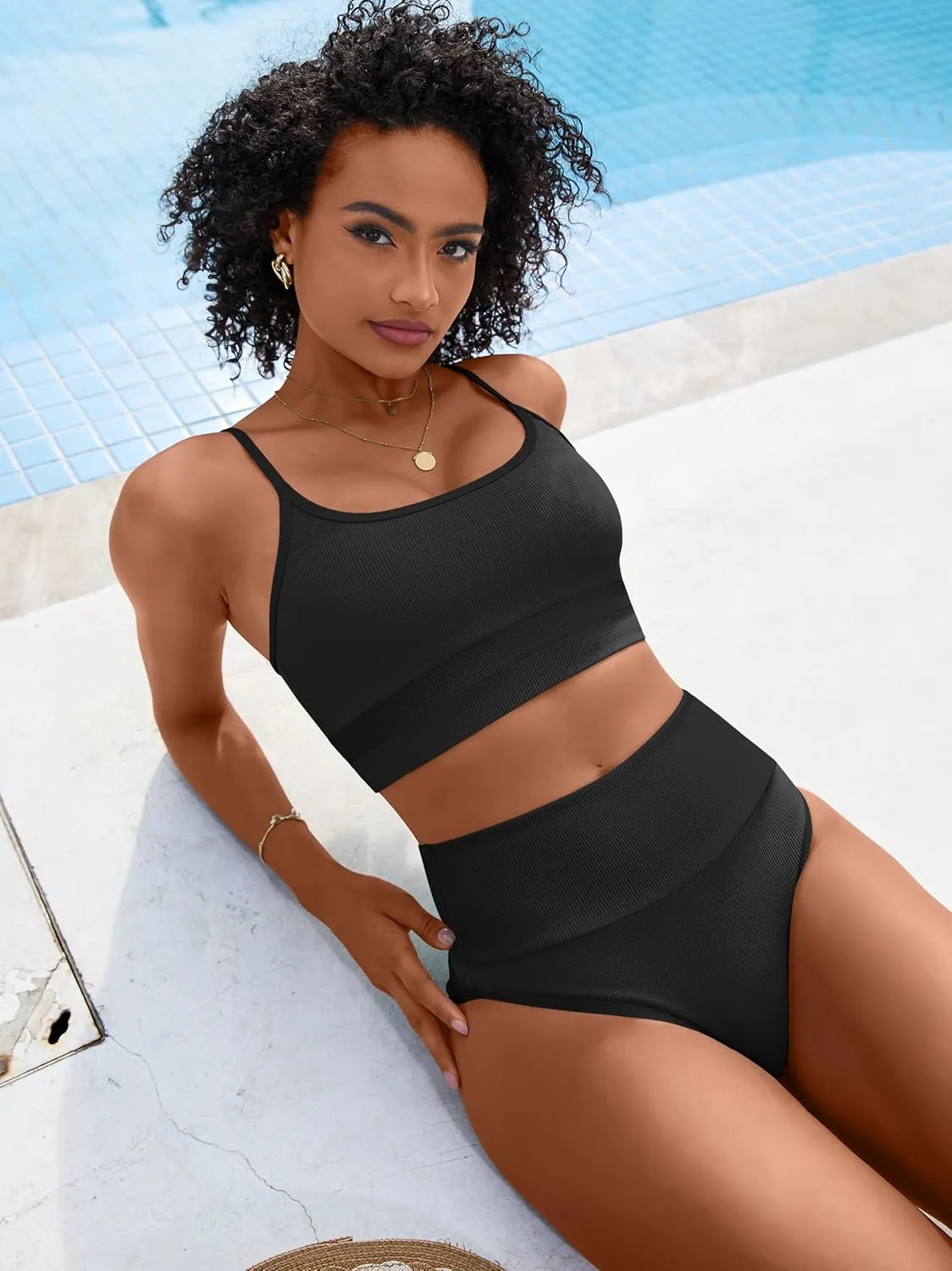 ANRABESS Bikini Sets for Women 2 Piece High Waisted Tummy Control Color Block Summer Beach Swimsuit Ribbed Swim Bathing Suit