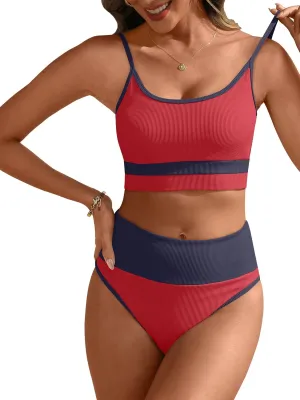 ANRABESS Bikini Sets for Women 2 Piece High Waisted Tummy Control Color Block Summer Beach Swimsuit Ribbed Swim Bathing Suit