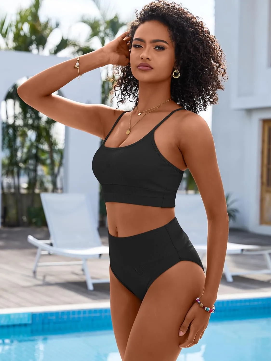 ANRABESS Bikini Sets for Women 2 Piece High Waisted Tummy Control Color Block Summer Beach Swimsuit Ribbed Swim Bathing Suit