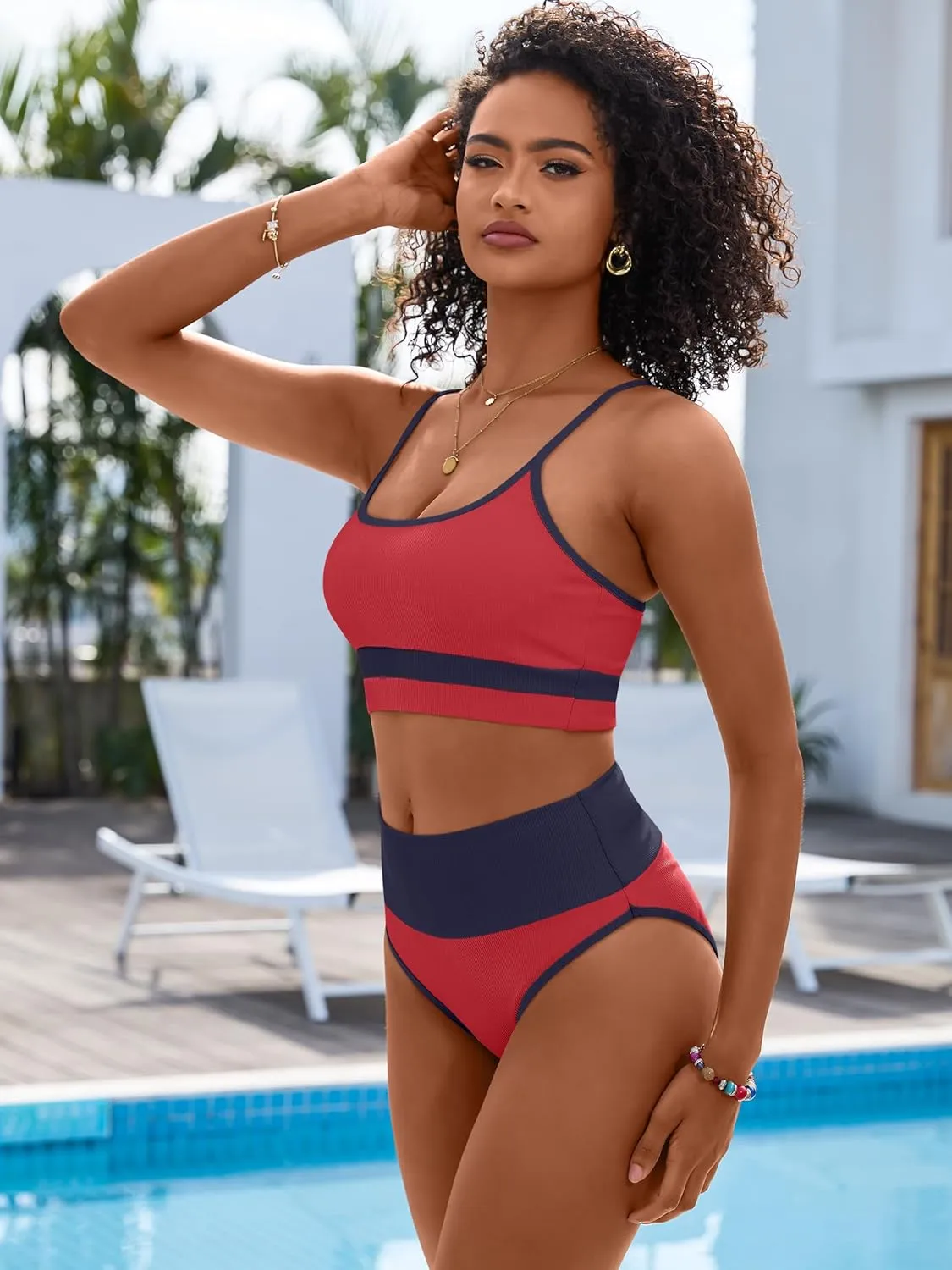 ANRABESS Bikini Sets for Women 2 Piece High Waisted Tummy Control Color Block Summer Beach Swimsuit Ribbed Swim Bathing Suit
