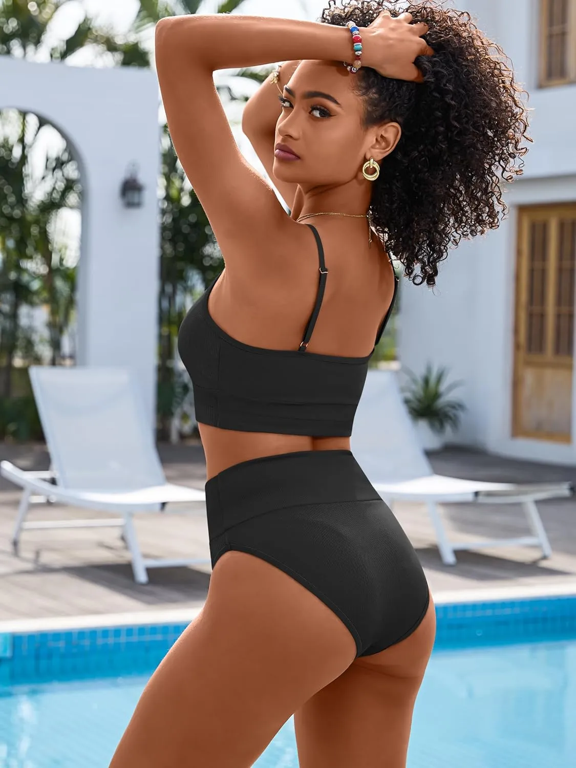 ANRABESS Bikini Sets for Women 2 Piece High Waisted Tummy Control Color Block Summer Beach Swimsuit Ribbed Swim Bathing Suit