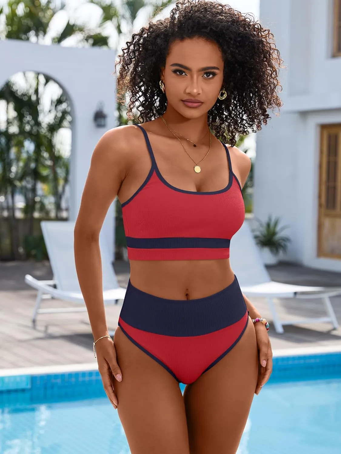 ANRABESS Bikini Sets for Women 2 Piece High Waisted Tummy Control Color Block Summer Beach Swimsuit Ribbed Swim Bathing Suit