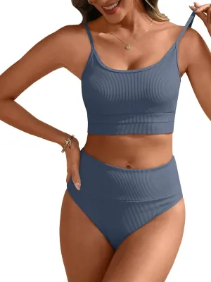 ANRABESS Bikini Sets for Women 2 Piece High Waisted Tummy Control Color Block Summer Beach Swimsuit Ribbed Swim Bathing Suit