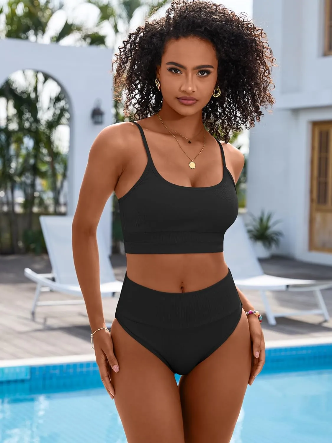 ANRABESS Bikini Sets for Women 2 Piece High Waisted Tummy Control Color Block Summer Beach Swimsuit Ribbed Swim Bathing Suit