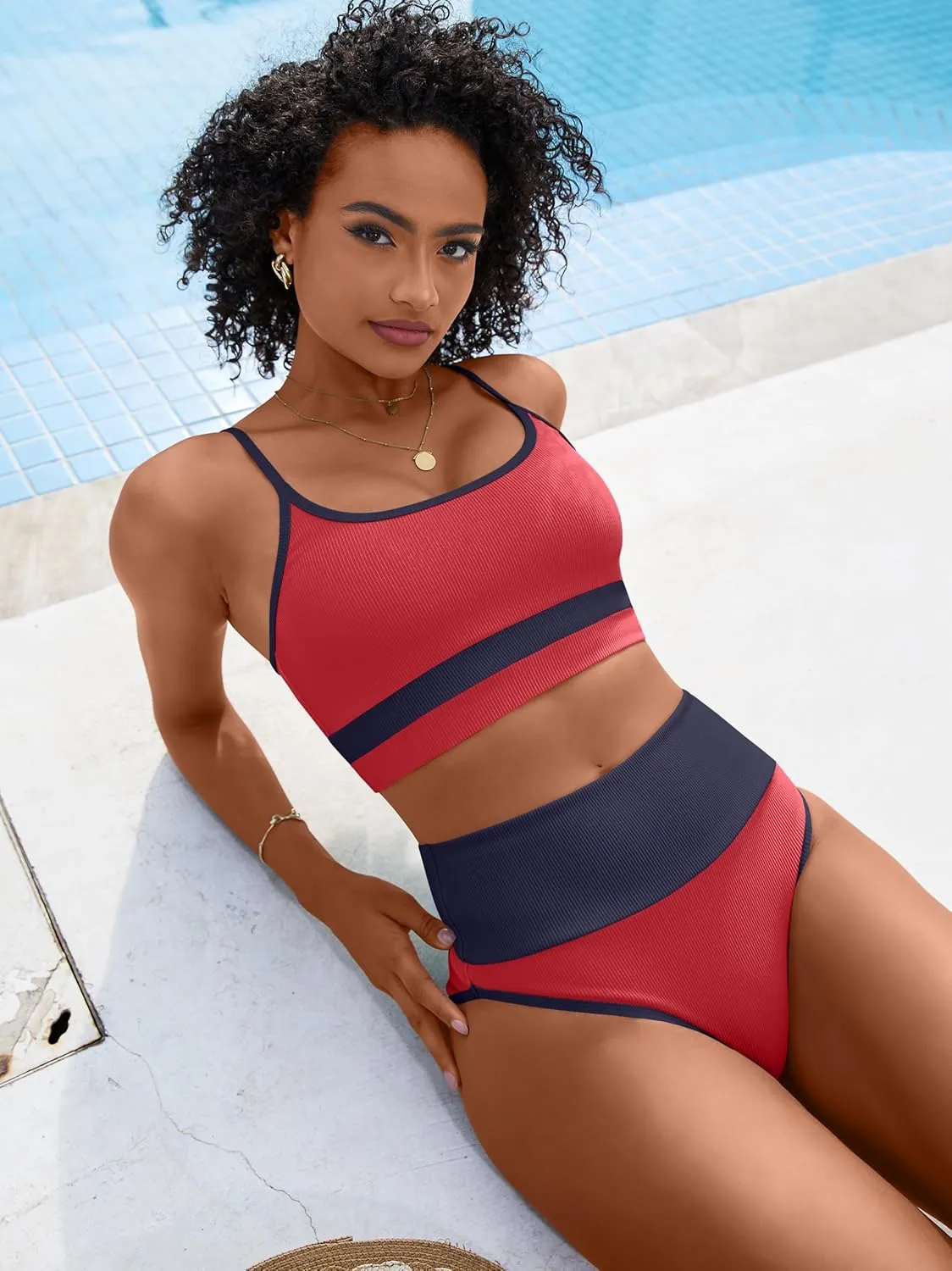 ANRABESS Bikini Sets for Women 2 Piece High Waisted Tummy Control Color Block Summer Beach Swimsuit Ribbed Swim Bathing Suit